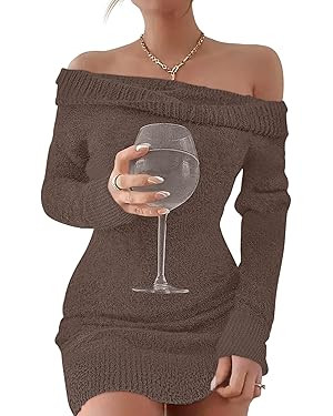 Caracilia Women's Off The Shoulder Sweater Mini Dress Long Sleeve Fuzzy Fleece Bodycon Cocktail P... | Amazon (US)