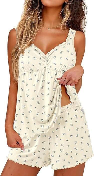 Ekouaer Womens Pajama Sets 2 Piece Cute Pj Set Lace V Neck Tank Top and Shorts Sleepwear Soft Sex... | Amazon (US)