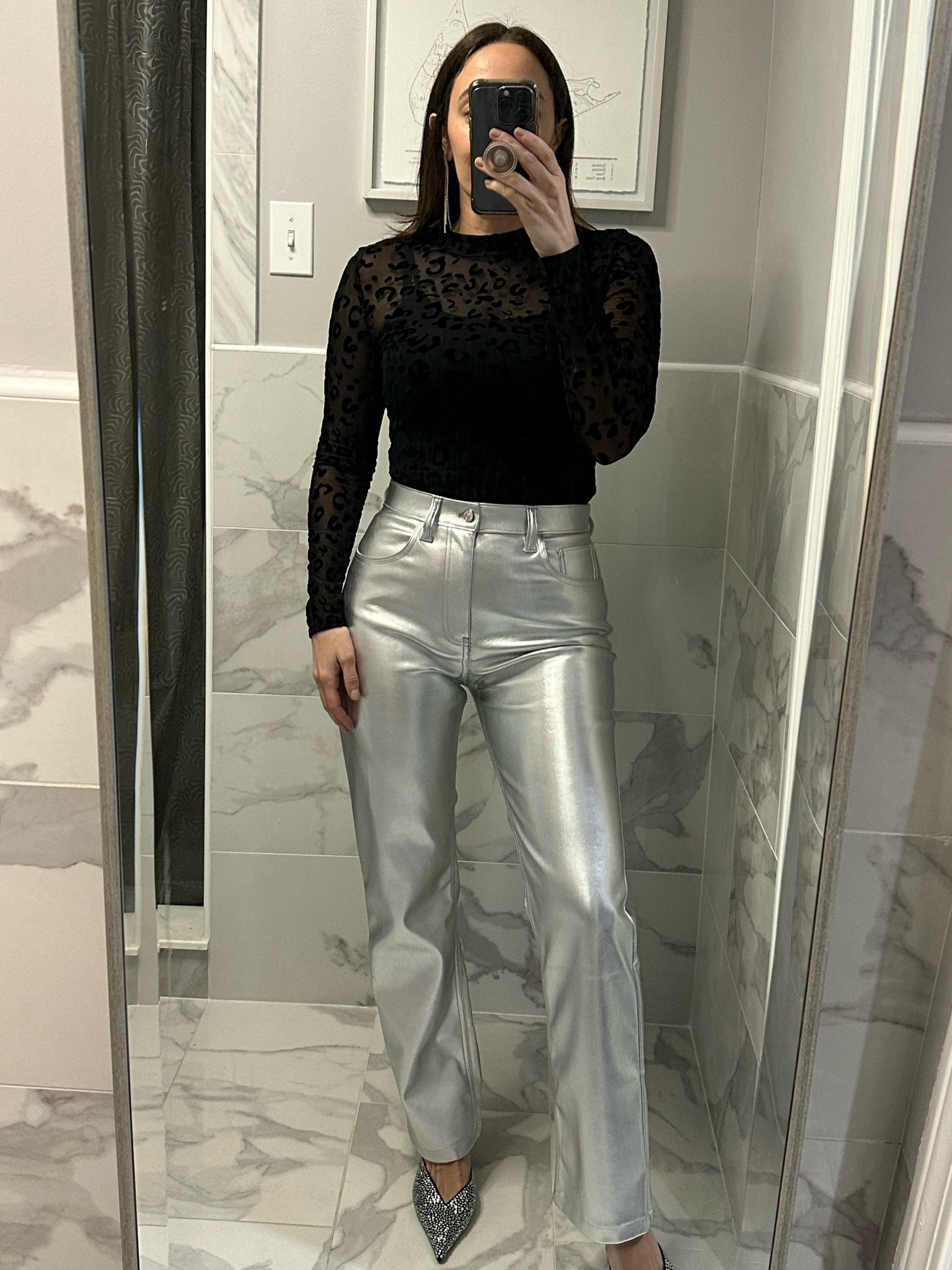 Mesh leopard Amazon top and my fave metallic jeans 