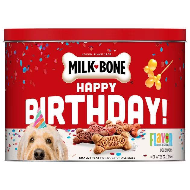 Milk-Bone Happy Birthday Flavor Snacks Small Bone Dog Treats, 36-oz tin | Chewy.com
