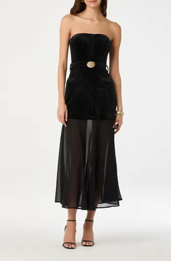 Strapless Belted Semisheer Velvet Midi Dress | Nordstrom