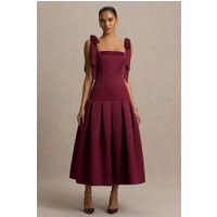 Alberta | Burgundy Satin Square-Neck Midi Dress With Bow Straps | Club L London