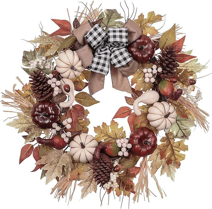 Valery Madelyn Fall Wreath for Front Door 24 inch, Harvest Thanksgiving Wreath with White & Red P... | Amazon (US)