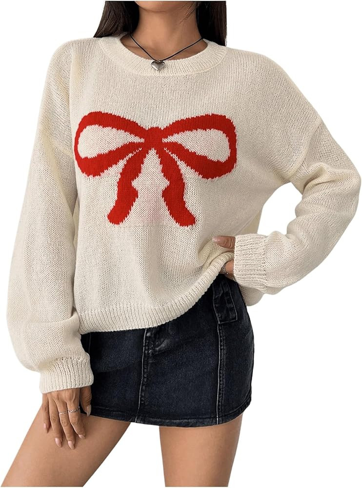 MakeMeChic Women's Bow Print Crew Neck Long Sleeve Sweater Drop Shoulder Oversized Sweaters Pullo... | Amazon (US)