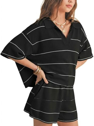 EXLURA Women Summer 2 Piece Outfits Faux Cashmere Sweater Knit Oversized Polo V Neck Top Matching... | Amazon (US)