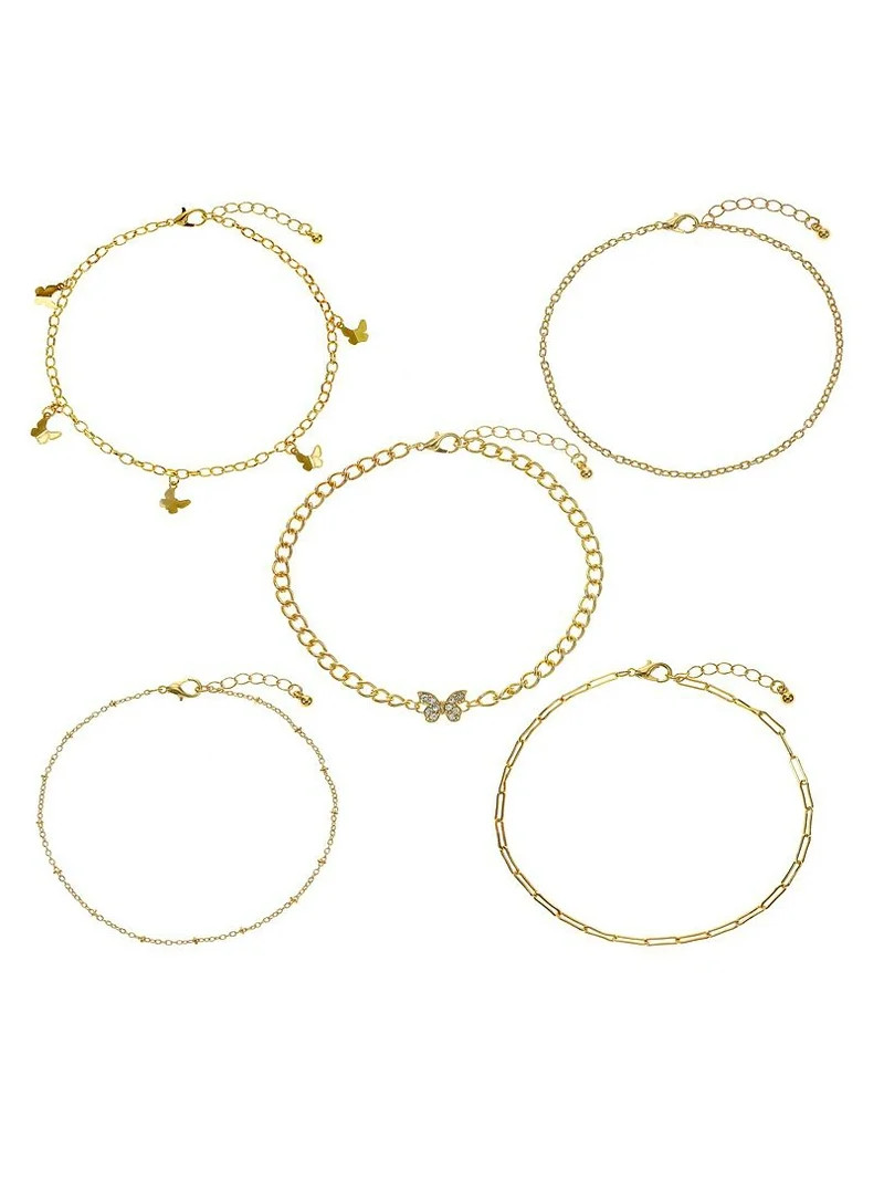 No Boundaries Gold Tone Anklet Set, Butterfly Motif, 5-Pieces, Women's | Walmart (US)