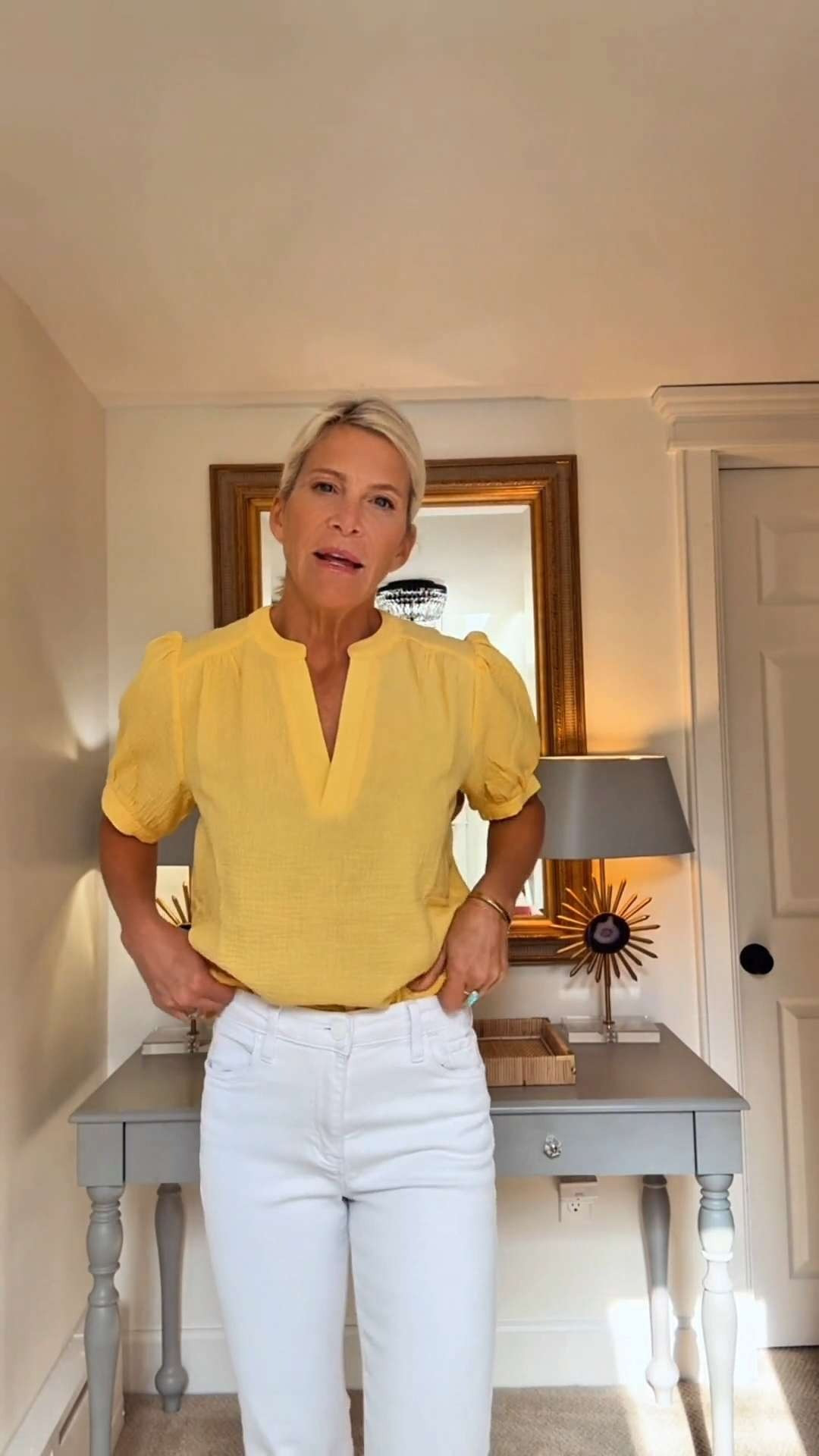 Yellow Gauzy Top and White Jeans Summer Outfit Idea 

 #LTKootd #LTKSeasonal #LTKOver40