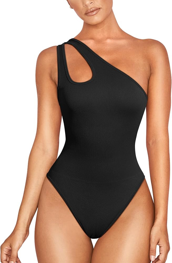 OYS Women's Sexy One Shoulder Sleeveless Cut Out Ribbed One Piece Leotard Bodysuit Tops | Amazon (US)