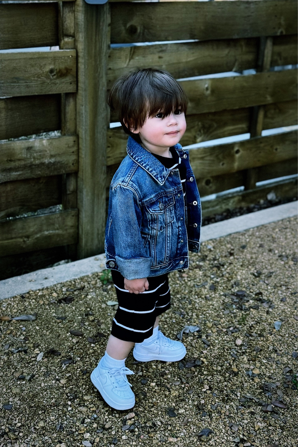 Toddler boy style transitioning into spring ☀️ P is wearing a black and white striped tshirt short set from gap, denim jacket from gap, and airforce 1s from kids foot locker. 

#LTKSpringSale #LTKkids #LTKSeasonal