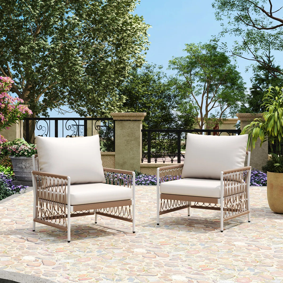 [Set of 2] Outdoor Lounge Chair with Handwoven Rope & Powder-Coated Steel Frame | Wayfair North America