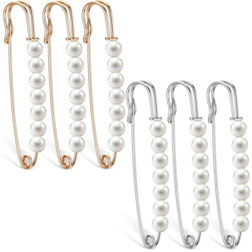 Women Brooch Pins 6 Pcs 7.8cm/3.07inch Fashion Faux Pearl Brooch Pins Sweater Shawl Clips Safety Pins Pant Waist Tightener Pearl Pins Heavy Duty Safety Pins with Box for Women Clothing Decoration | Amazon (US)