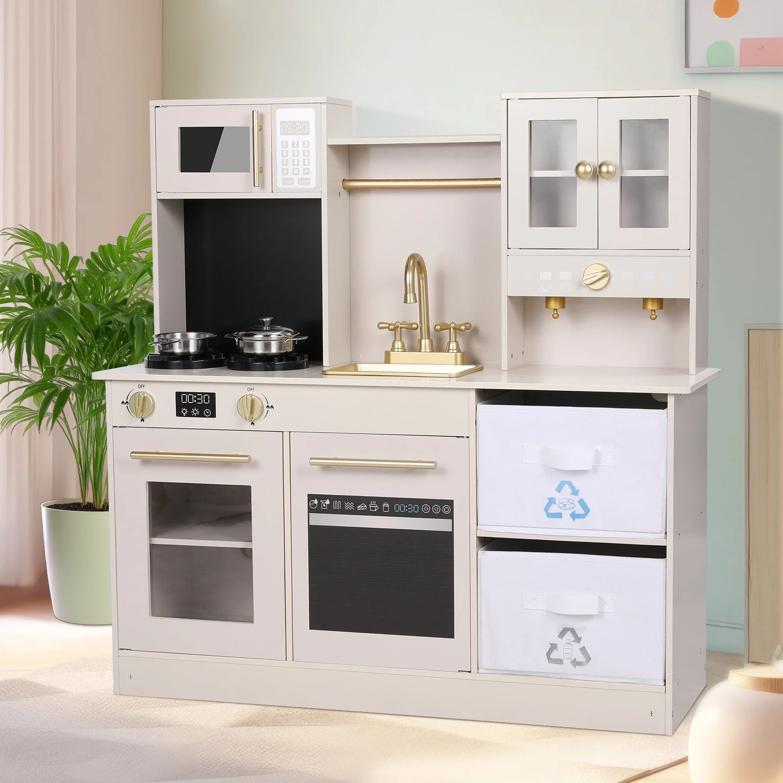 Pirecart Toddler Kitchen Playset Wooden Chef Pretend Playset with 2 Fabric Boxes, Real Lights & S... | Walmart (US)