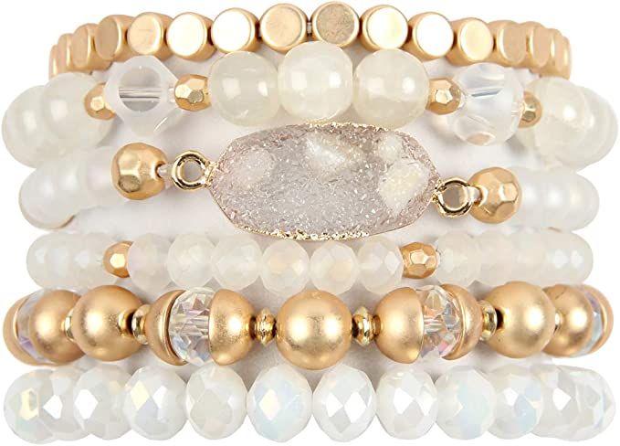 RIAH FASHION Bohemian Acrylic Druzy Multi-Layer Bead Statement Bracelet - Versatile Faux Stone Pe... | Amazon (US)