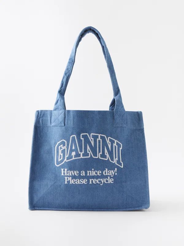 Logo-embroidered denim tote bag | Ganni | Matches (UK)