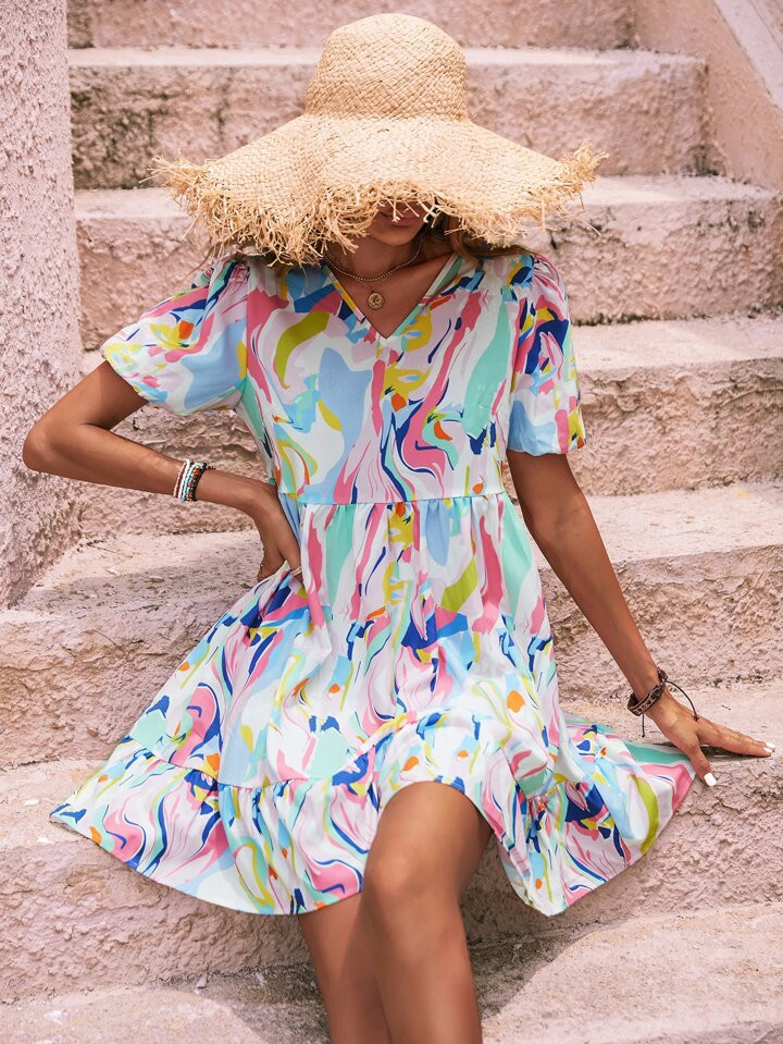 Allover Print Puff Sleeve Ruffle Hem Smock Dress | SHEIN