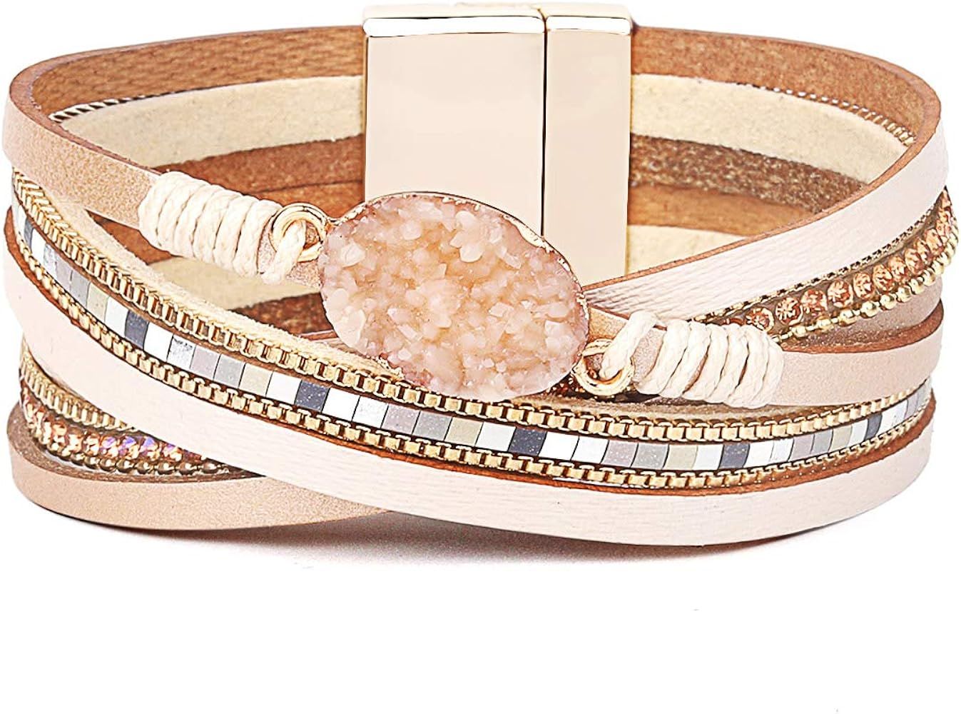 Leather Wrap Bracelets for Women, Multilayer Boho Double Wrap Bracelet Marble Beads Boho Wrap Bra... | Amazon (US)