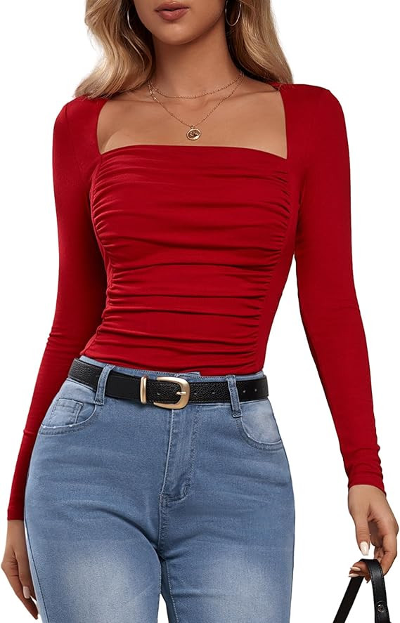 Amoretu Women's Sexy Long Sleeve Tops Ruched Square Neck Shirts | Amazon (US)