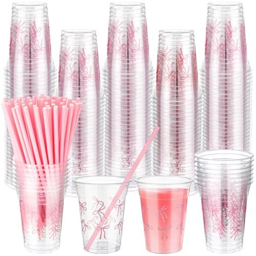 100 Pack Pink Bow Plastic Cups with Paper Straws for Party Supplies 12 oz Disposable Coquette Cof... | Amazon (US)