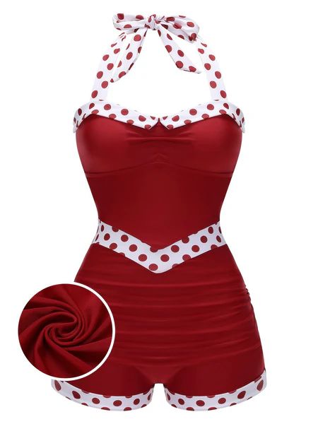 Red 1940s Halter Patchwork One-piece Swimsuit | Retro Stage