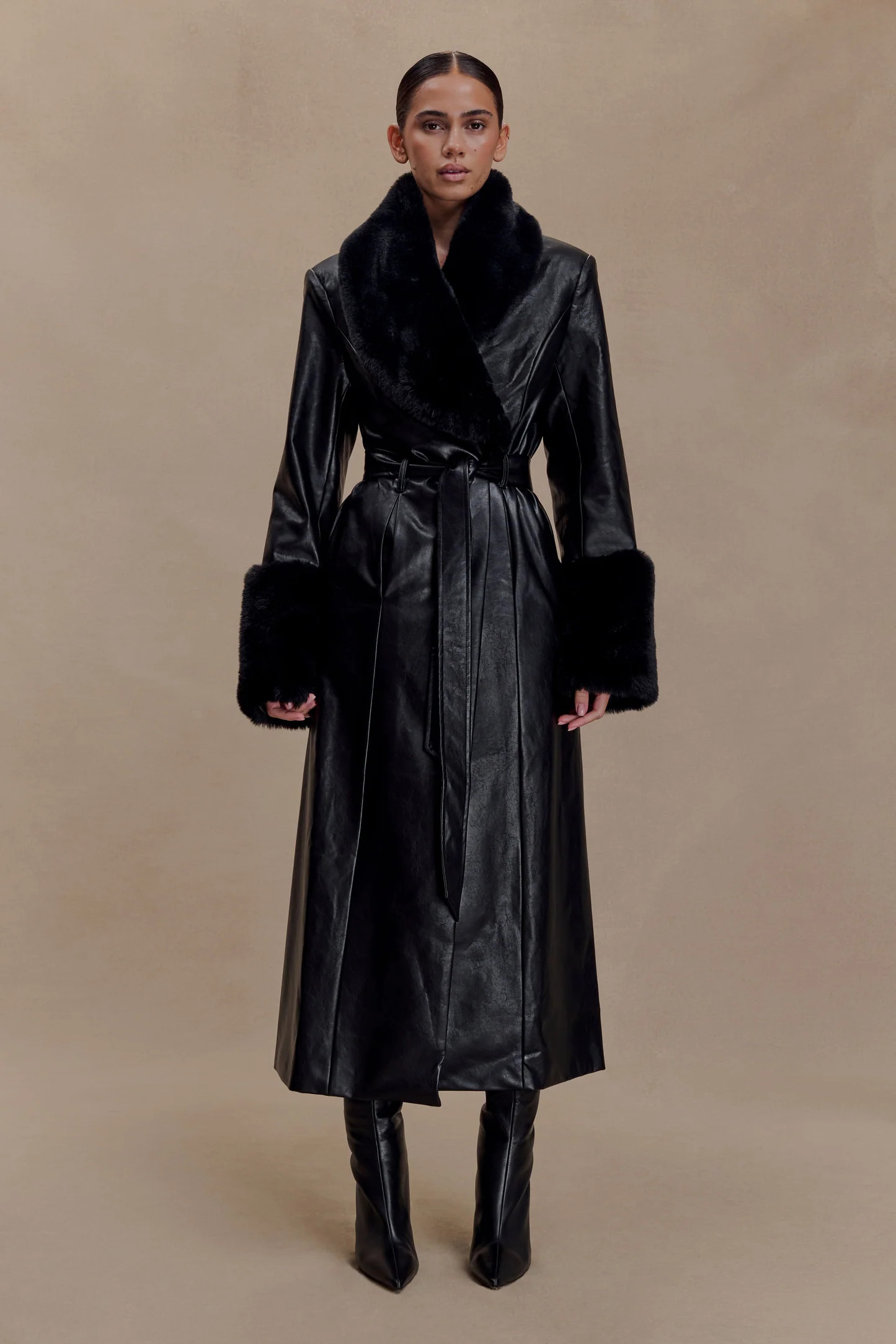 Bec Faux Leather Trench Coat With Faux Fur - Black | MESHKI US