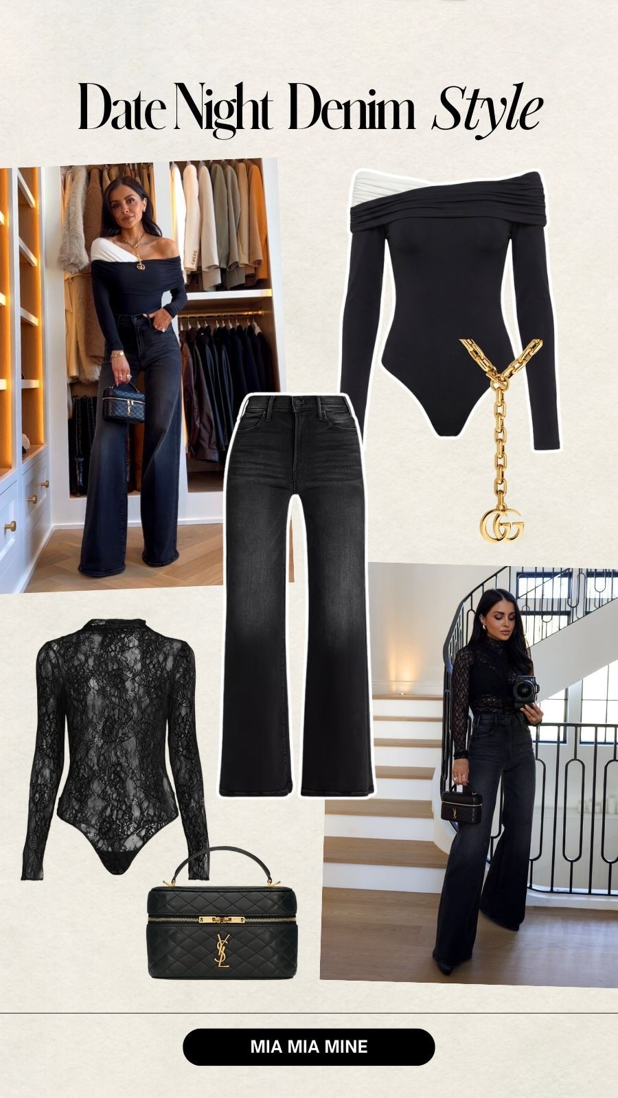 Date night outfit ideas
Mother black jeans
Black lace bodysuit
Revolve black and white bodysuit
Gucci pendant necklace 

#LTKPetite #LTKootd #LTKOver40