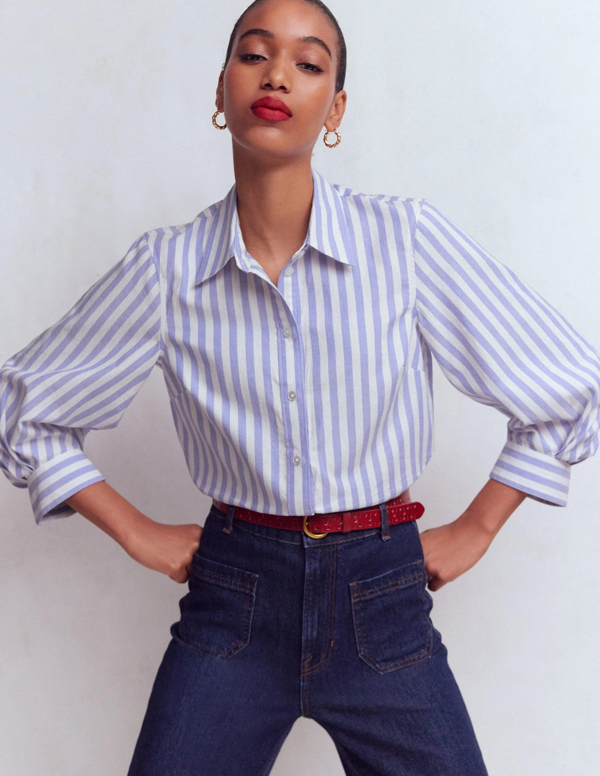 Puff Sleeve Oxford Shirt-Navy, Ivory Stripe | Boden (US)
