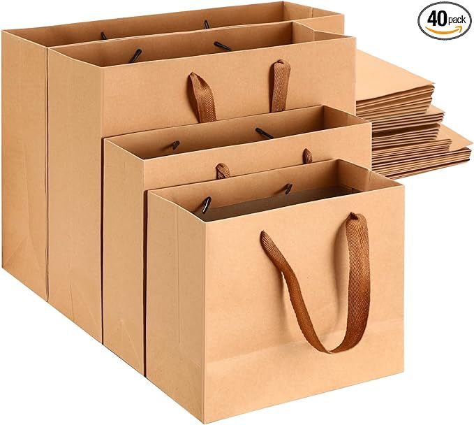 PerKoop 40 Pack Kraft Gift Bags Handled Paper Bags 4 Sizes Goodie Bags with Handles Gift Wrap Bag... | Amazon (US)