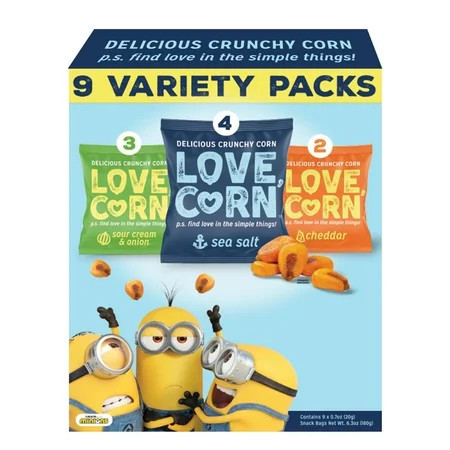 LOVE CORN: 9ct Variety Pack: Sea Salt, Cheddar, and Sour Cream & Onion (9 x 0.7oz) | Roasted Crunchy Corn - Gluten-Free - Plant based & Vegan - Healthy Snack - Low Calorie - Non GMO | Walmart (US)