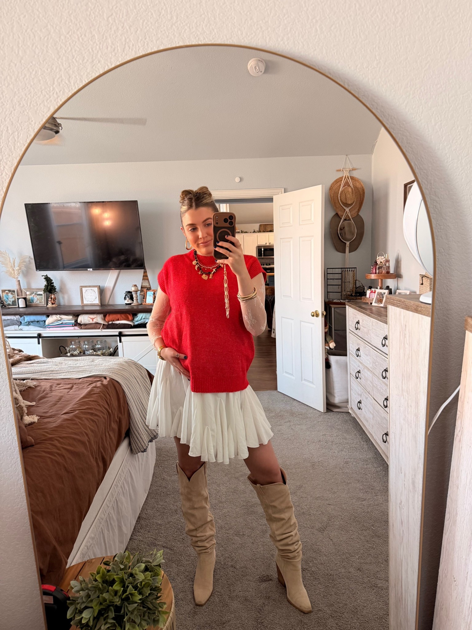 Christmas Eve outfit inspo. Red sweater. Skirt outfit. Maternity fashion. Lace top. Boots  

#LTKBump #LTKootd #LTKHoliday