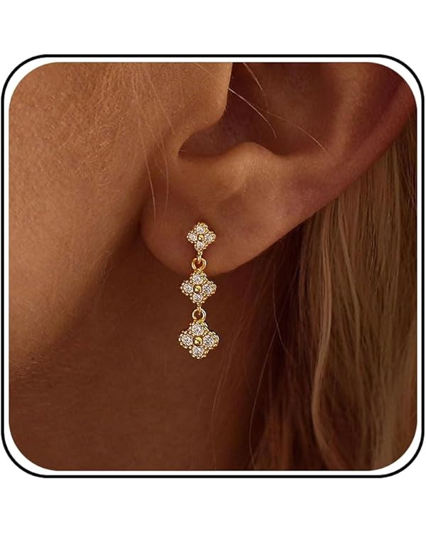 Dangle Earrings for Women,Dainty Bridal Earrings 14k Gold Plated CZ Clover Drop Earrings Cute Cry... | Amazon (US)