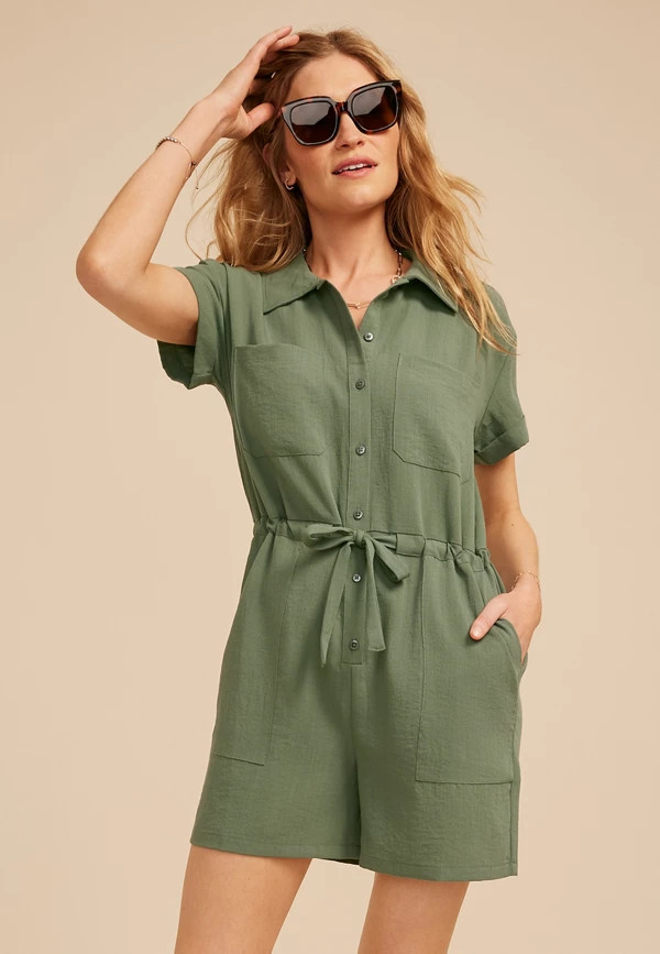 Short Sleeve Button Down Utility Romper | Maurices