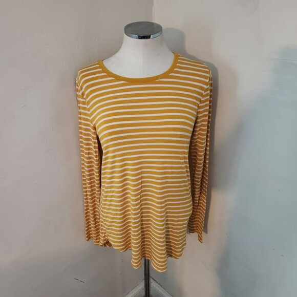 Old Navy Luxe Mustard Yellow White Stripe Long Sleeve Crew Neck Shirt Top Medium | Poshmark