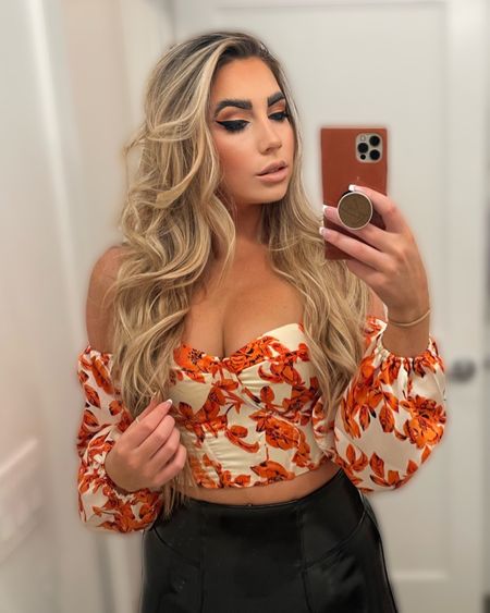 Shein orange off the shoulder top paired with Spanx leather leggings 🧡