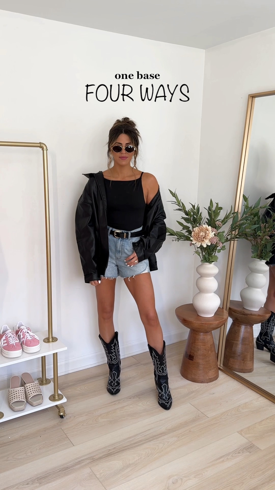 Styling this simple base four ways (wearing size 4 in the distressed denim shorts and size 2 in the black top)

Outfit 1: paired with an oversized blazer (size 4)

Outfit 2: paired with a chunky sweater (medium) and gold belt 

Outfit 3: oversized button up (size 6) and sneakers

Outfit 4: paired with a black leather bomber jacket (large) and cowboy boots

#LTKstyletip #LTKfindsunder50 #LTKVideo