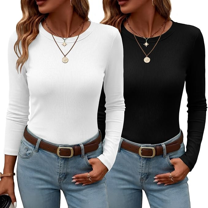 2 Pack Long Sleeve T Shirts for Women Ribbed Knit Slim Fit Underscrubs Tops | Amazon (US)