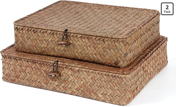 Moosky Flat Wicker Shelf Baskets with Lid, Handwoven Seagrass Basket Boxes for Storage Baskets Bi... | Amazon (US)