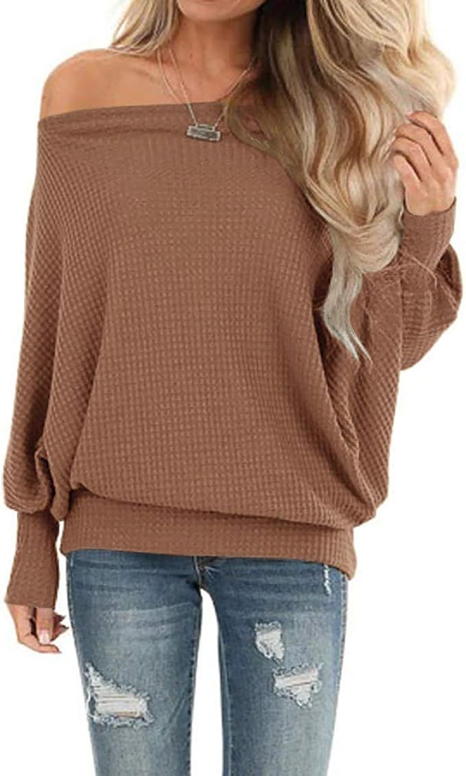 Lacozy Women’s Waffle Knit Off The Shoulder Tops Oversized Long Sleeve Tunic Shirts Pullover Sw... | Amazon (US)