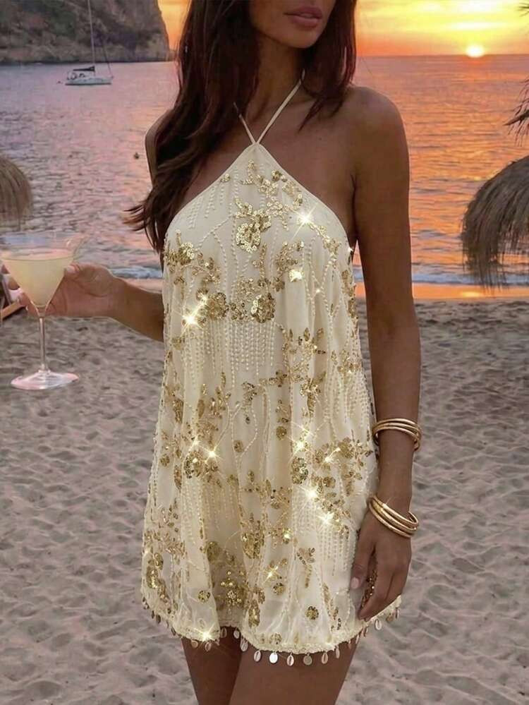 Opulessa Women's Beaded Design Mini Dress,Beige,Summer,Elegent,Holiday,Vacation,Holiday Beach Outfits, Party,Festival,Wedding Guest,Formal Graduation | SHEIN