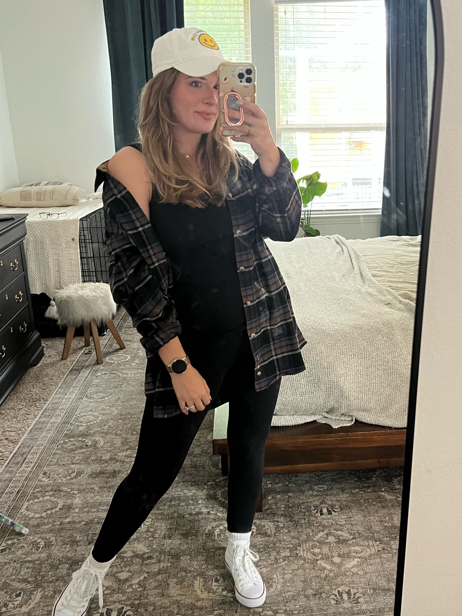 Casual fall outfit. Wearing my brothers flannel and my new favorite Walmart smiley hat! 

#LTKSeasonal #LTKstyletip