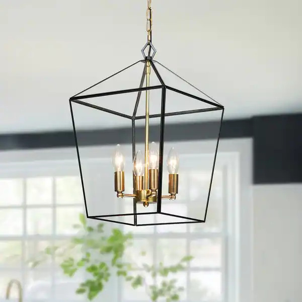 4-Light Brass Lantern Pendant with Clear Tempered Glass Panes - W12" x E12" x H19.25" | Bed Bath & Beyond