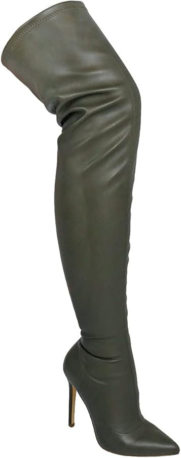 Liliana Women Faux Leather Pointy Toe Thigh High Single Sole Stiletto Boot | Amazon (US)