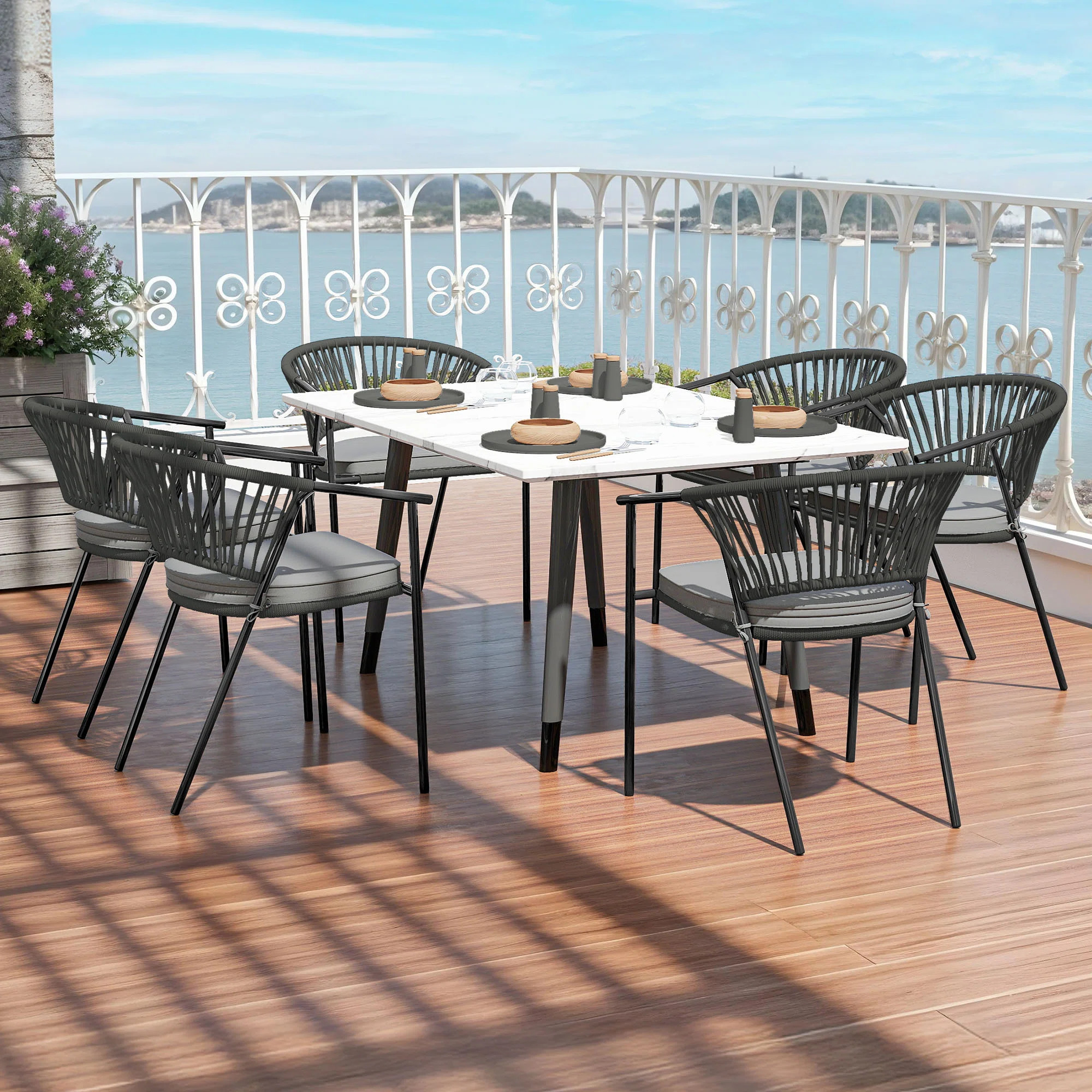 Gray Outdoor Rope Woven Dining Chair with Soft Cushions (Set of 6) | Wayfair North America