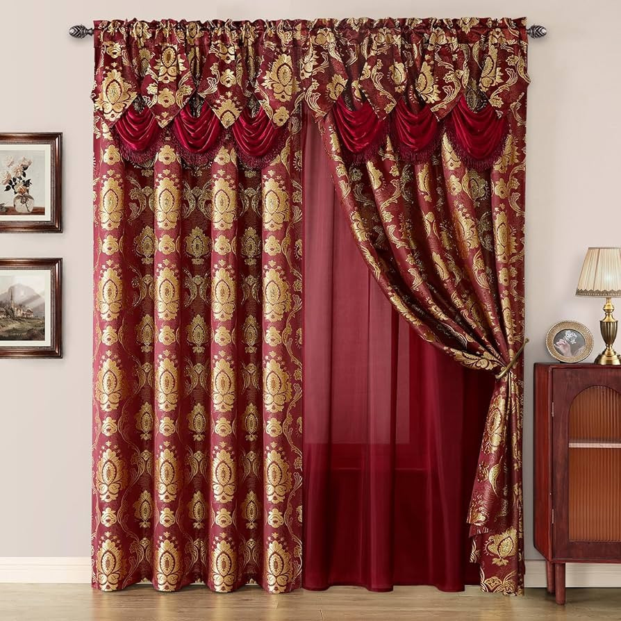 HOMEIDEAS Burgundy Paisley Jacquard Curtains, Luxury Window Curtains 2 Panels Set with Attached V... | Amazon (US)