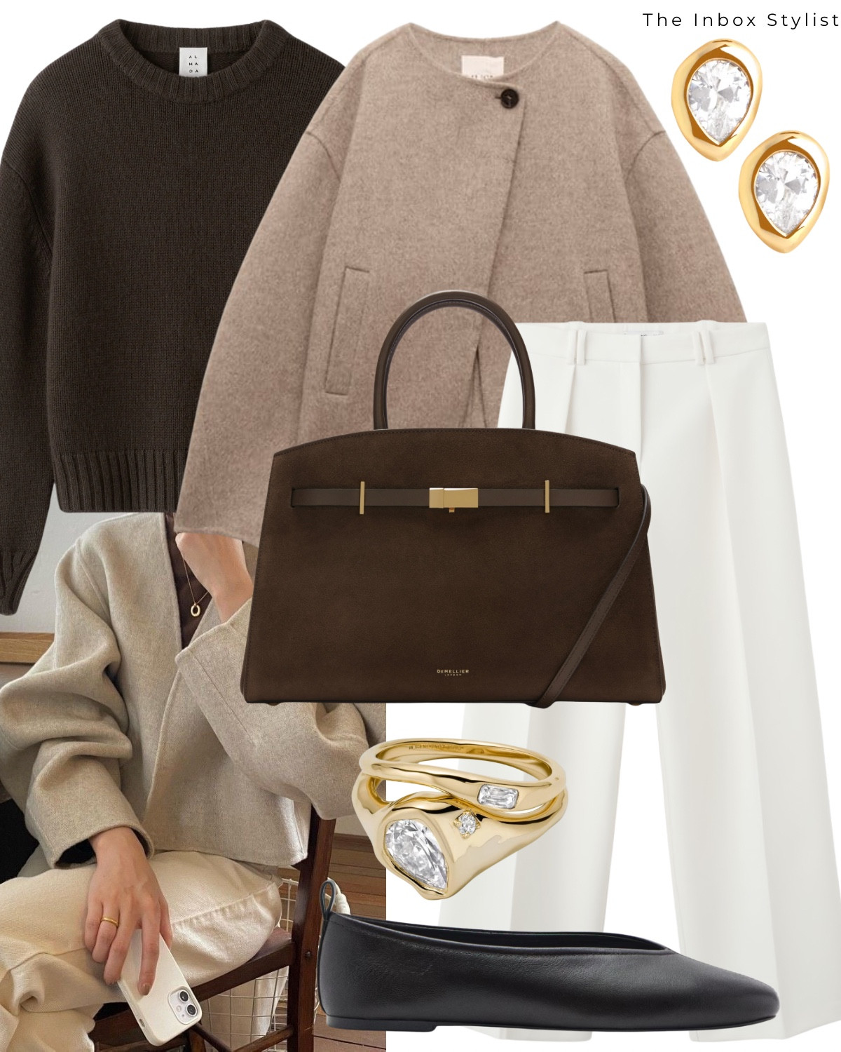 A peacoat is always a timeless Spring jacket.

Including dark brown knit jumper, brown peacoat, oval stud earrings, brown suede handbag, gold stone ring, white tailored trousers, leather ballet flats. 

#LTKspring #LTKstyletip #LTKuk