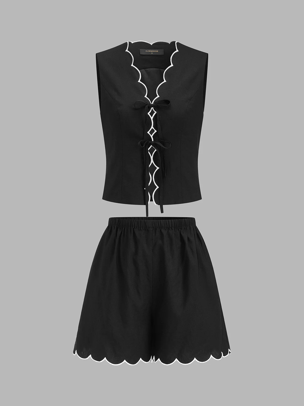 Tie-Front Scallop Trim Top & Shorts Set | Commense