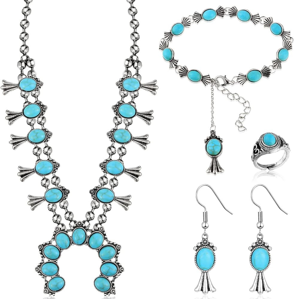 Henoyso 4 Pcs Bohemian Squash Blossom Turquoise Western Jewelry Set Vintage Metal Howlite Necklac... | Amazon (US)