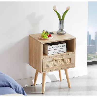 KTMBDW Rattan Nightstand, Boho Side Table with Power Outlet & USB Ports, Cane Accent Bedside End Table with Drawer & Open Shelf for Bedroom, Natural | Target