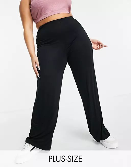 Flounce London Plus basic high waisted wide leg pants in black | ASOS (Global)