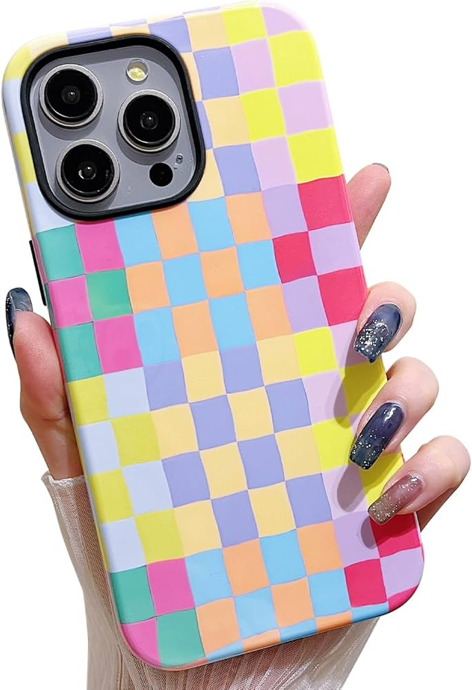 MINSCOSE for iPhone 15 Pro Phone Case,Cute Colorful Checkered Pattern,Raised Full Camera Soft TPU... | Amazon (US)