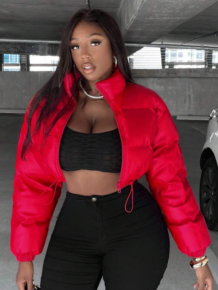 SHEIN Slayr Zip Up Drawstring Hem Crop Puffer Coat | SHEIN